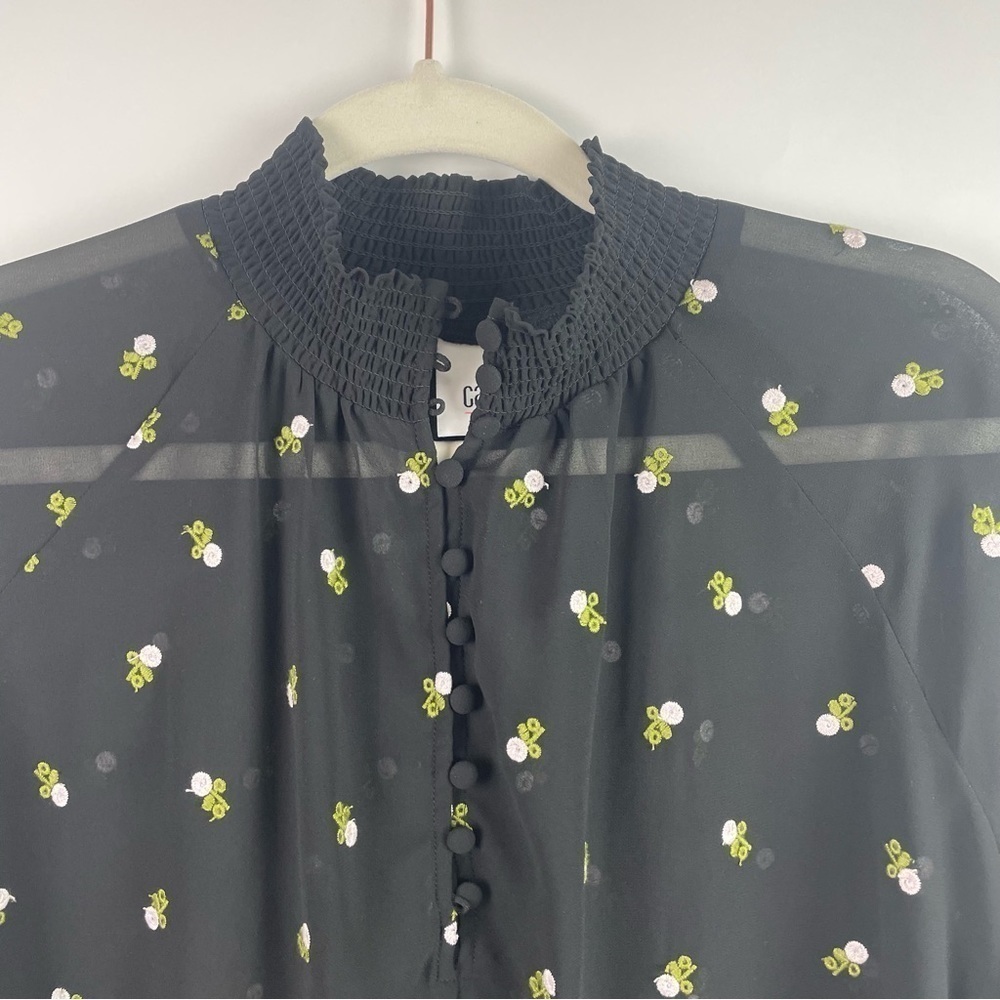 CAbi Alegria Black Embroidered Peasant Blouse Sheer Smocked Neck & Cuffs XS - Picture 3 of 16